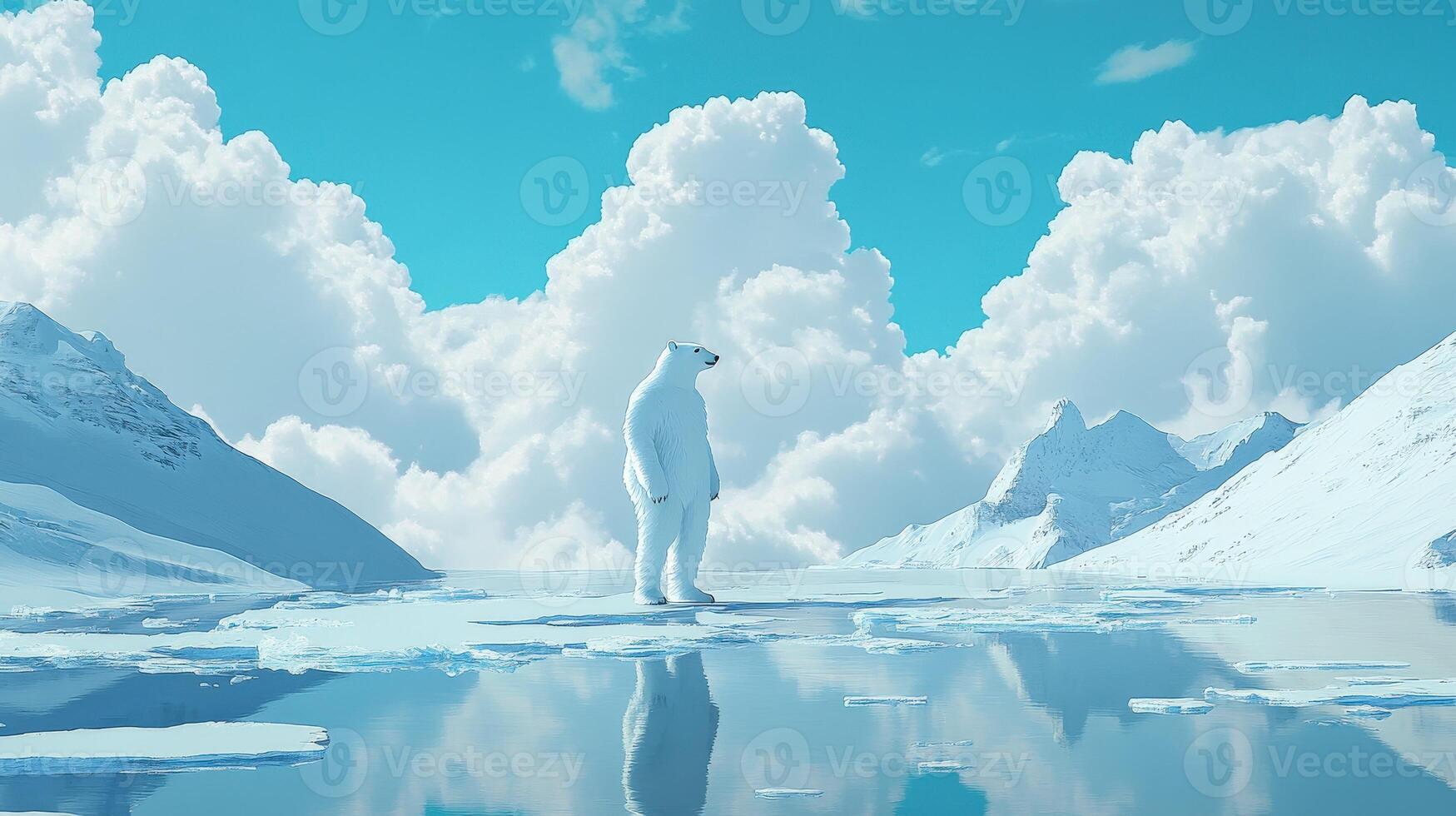 A man standing on an ice floe in the middle of a lake photo