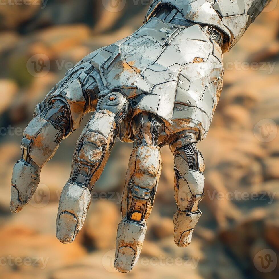 Hand of a futuristic cyborg reaching out in a rocky landscape photo
