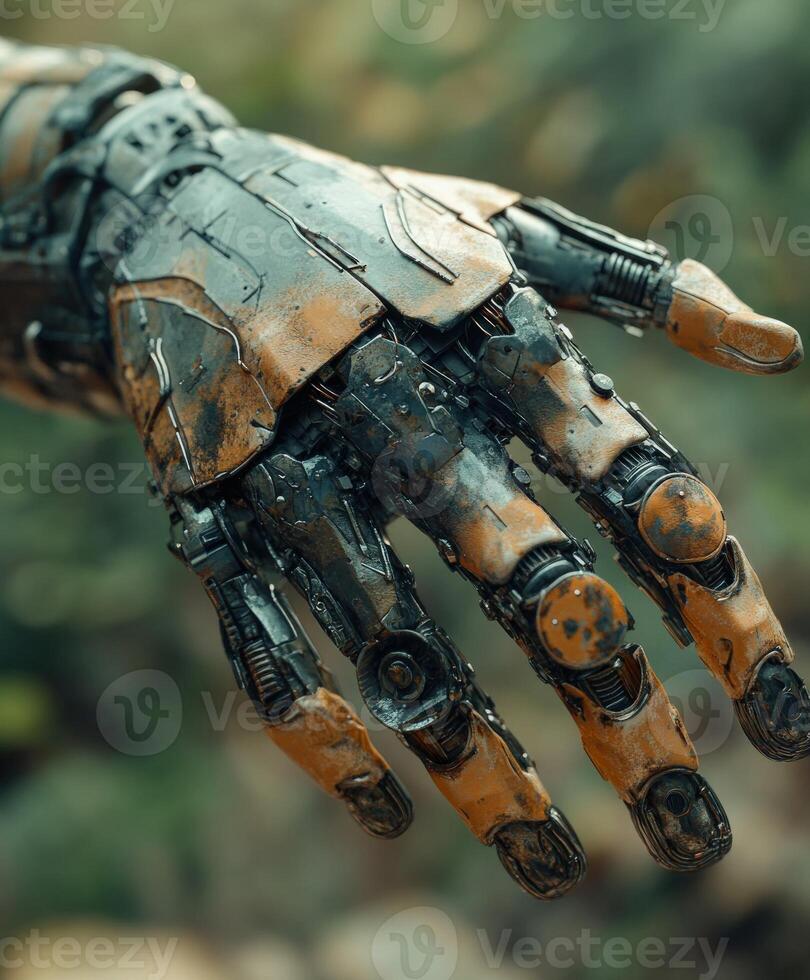 Intricate close-up of a cyborg hand in a natural setting photo
