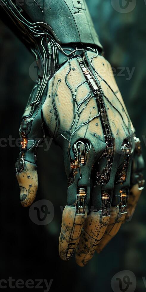 Cyborg hand showcasing intricate robotic design and detail photo