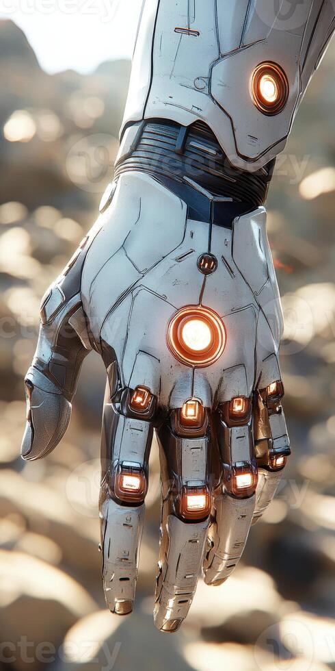 Cyborg hand with glowing elements in a futuristic setting photo