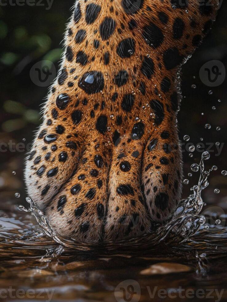 Leopard paw splashes in water during a rainy day photo