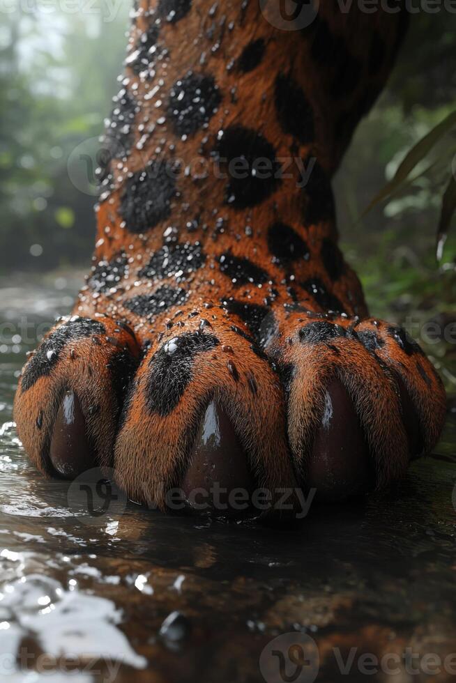 Leopard paw prints in dew-covered forest undergrowth photo