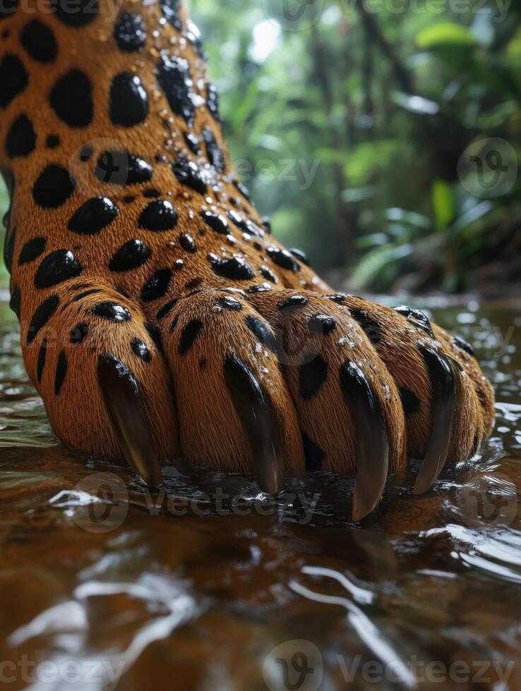 Leopard paw stepping into a wet jungle stream photo