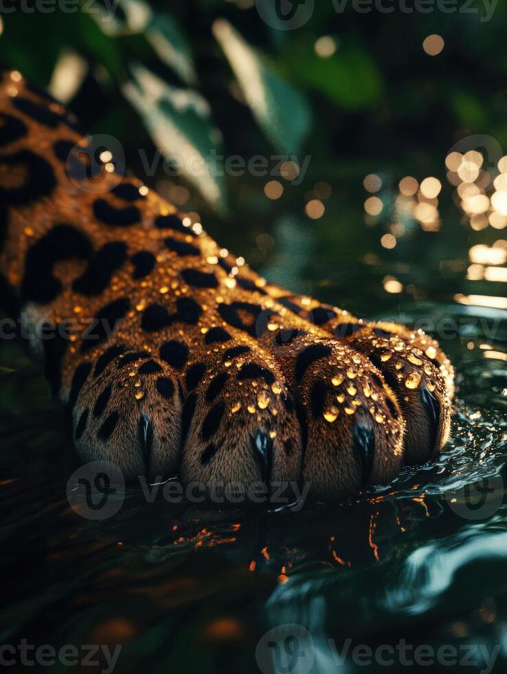 Leopard paw gently touching water in lush environment photo