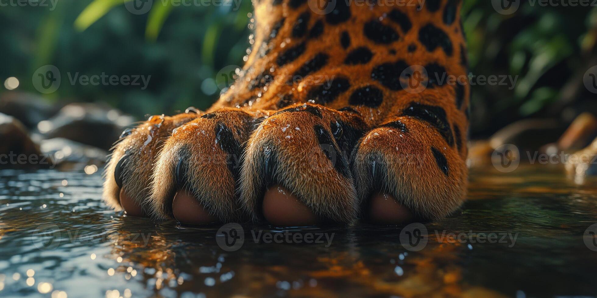 Leopard's paw resting by a serene water stream photo
