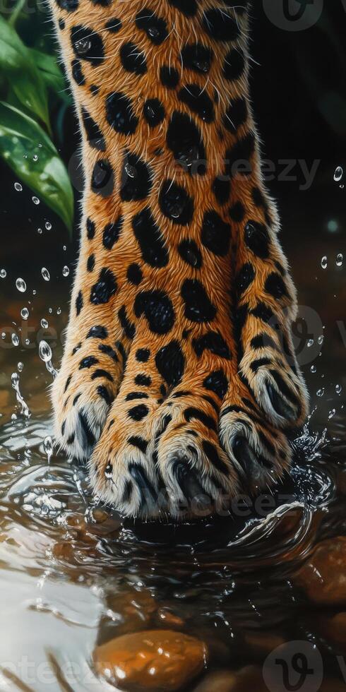 Leopard's powerful paw splashes in a tranquil water pool photo