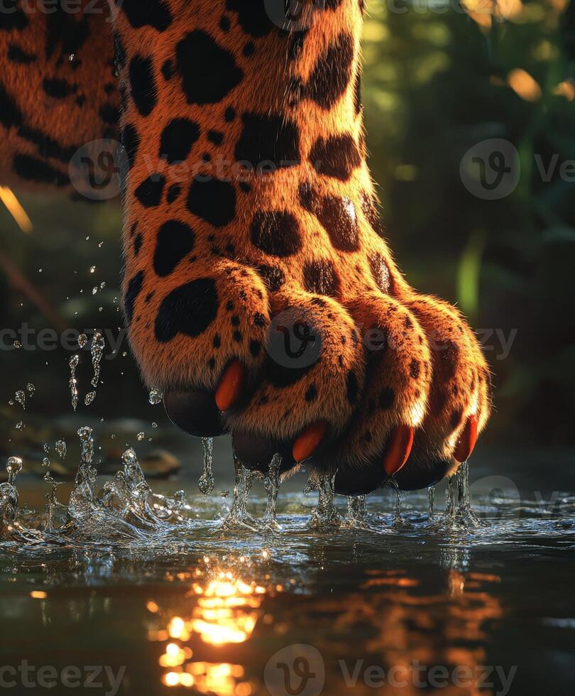 Leopard paw prints touch water in a lush natural setting photo