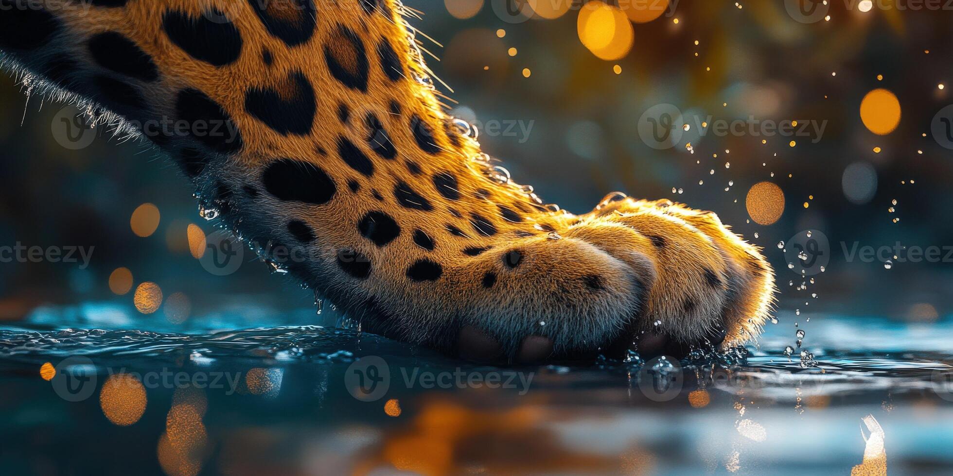 Leopard paw impressively steps through shimmering water photo