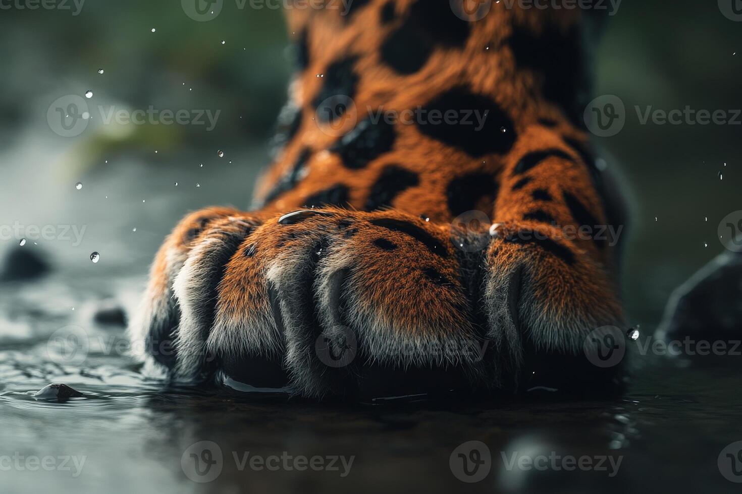 Leopard paw stepping into water amidst gentle rain photo