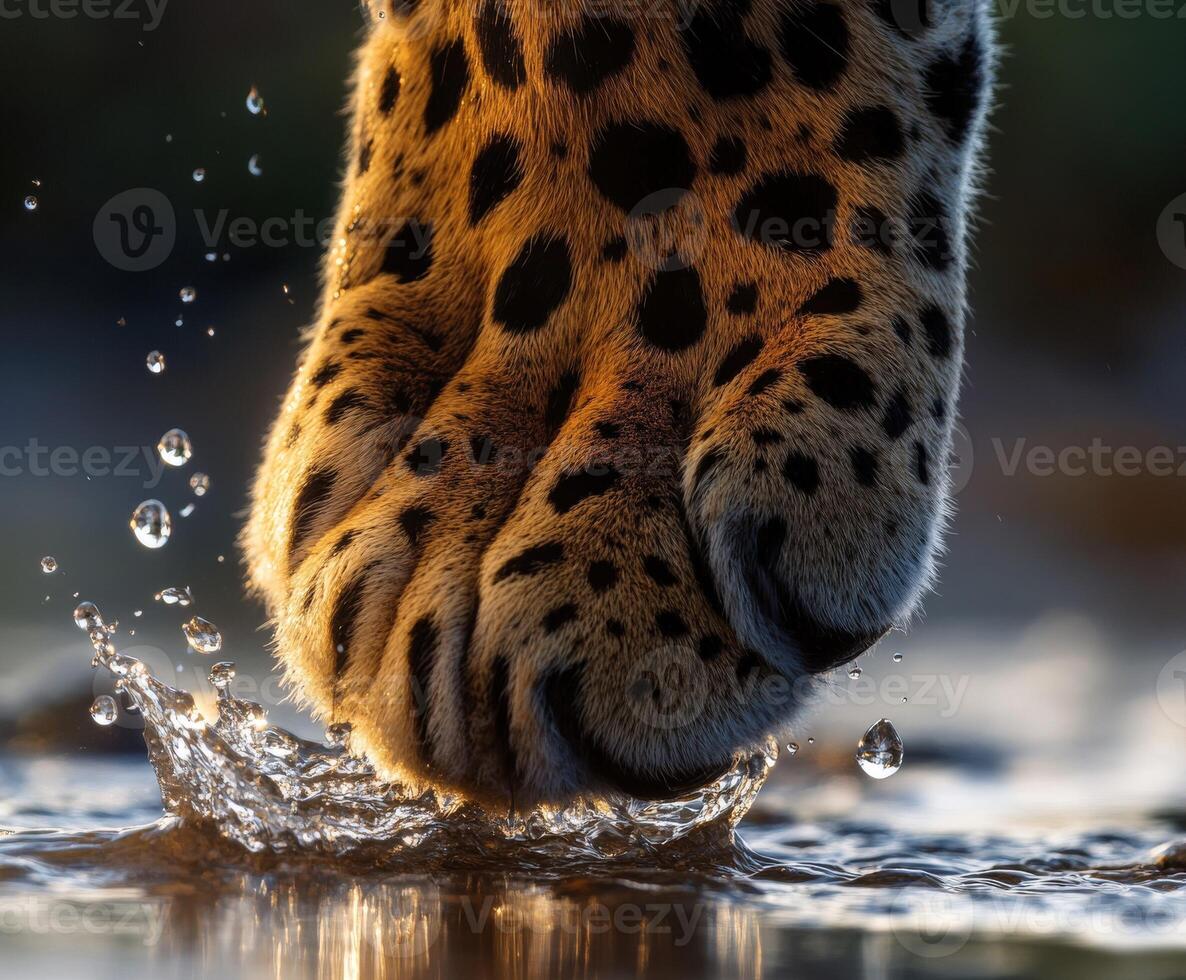Leopard paw splashes water in a serene moment at dusk photo