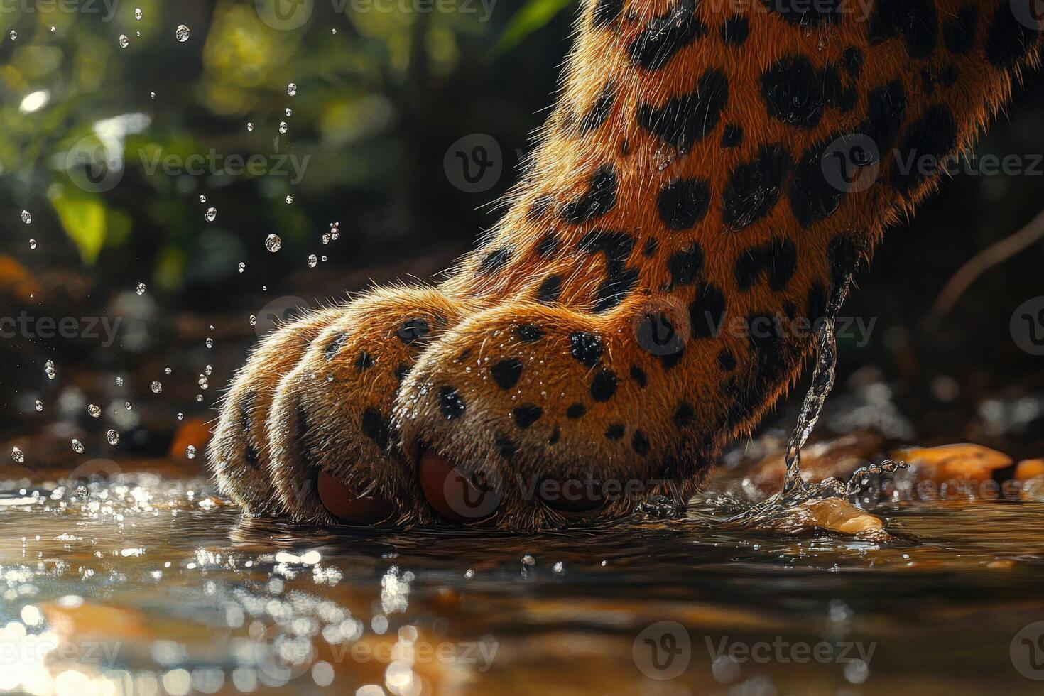 Leopard paw interacting with water in natural habitat photo