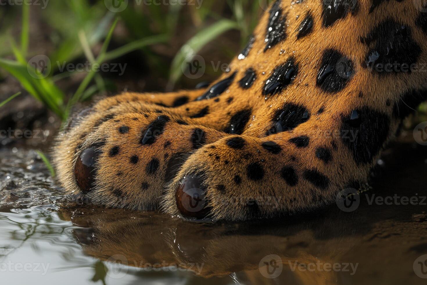 Leopard's majestic paw revealed in a serene river setting photo
