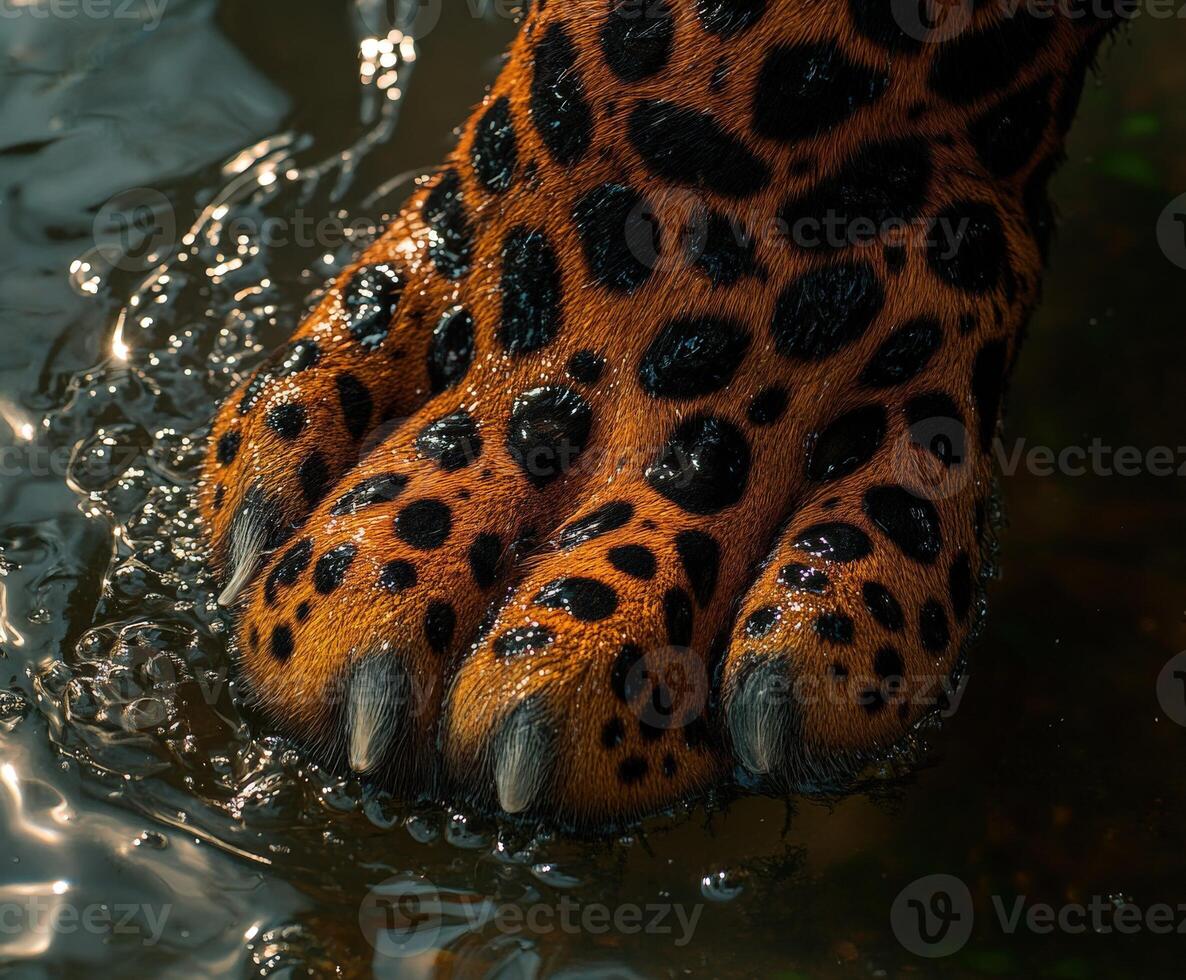 Leopard paw touching water surface in natural habitat photo