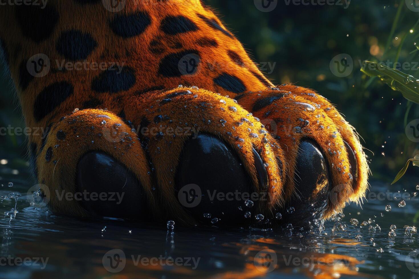 Powerful leopard paw splashes in shallow water at dawn photo