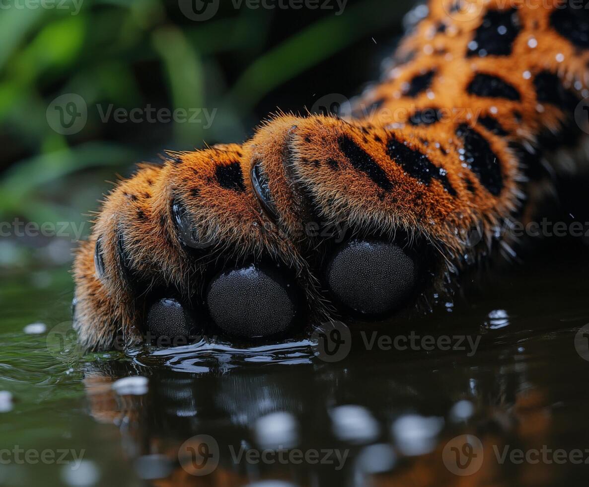 Leopard paw resting in rain-soaked habitat with droplets photo