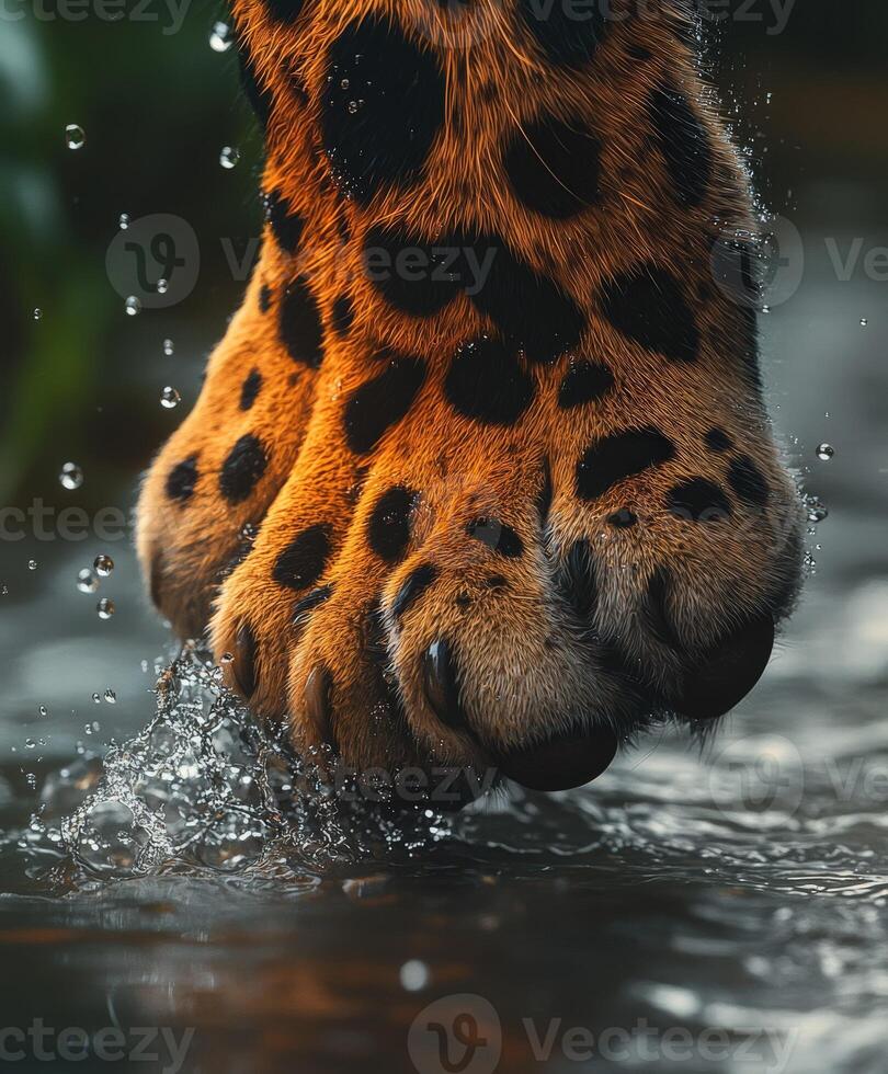 Leopard paw making a splash in a jungle stream photo