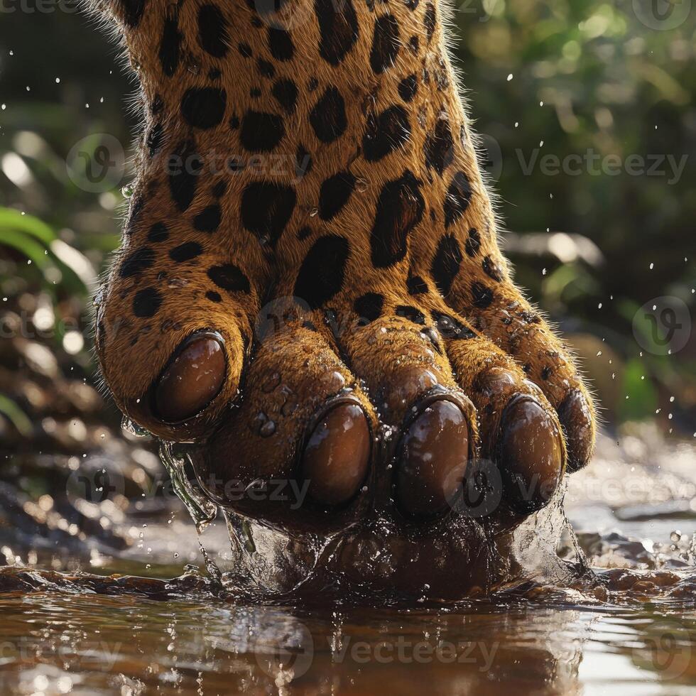 Leopard paw stepping in water at dawn in the jungle photo
