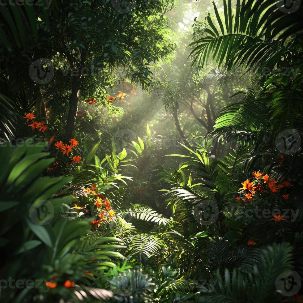 Lush tropical forest with sun rays illuminating flowers photo
