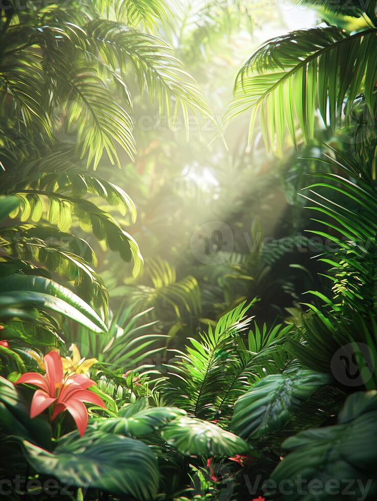 Tropical jungle background with sun rays photo