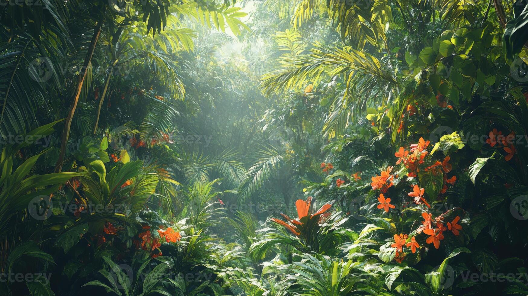 Lush tropical rainforest with vibrant flowers in a serene setting photo