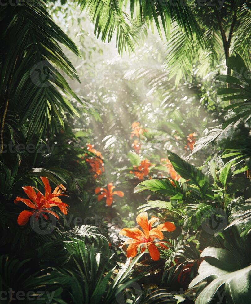 Lush tropical garden with vibrant orange flowers at sunrise photo