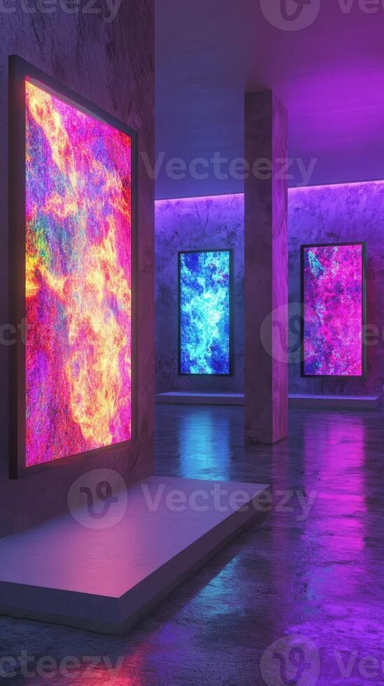 Colorful abstract art installations in an illuminated gallery photo
