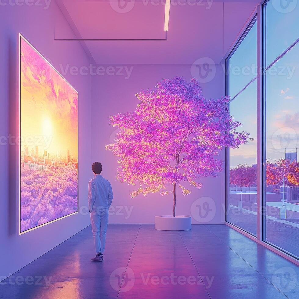 A man looking at a painting of a tree in an art gallery photo