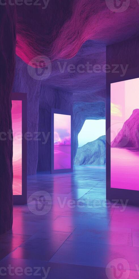 Colorful digital displays in artistic cave interior photo
