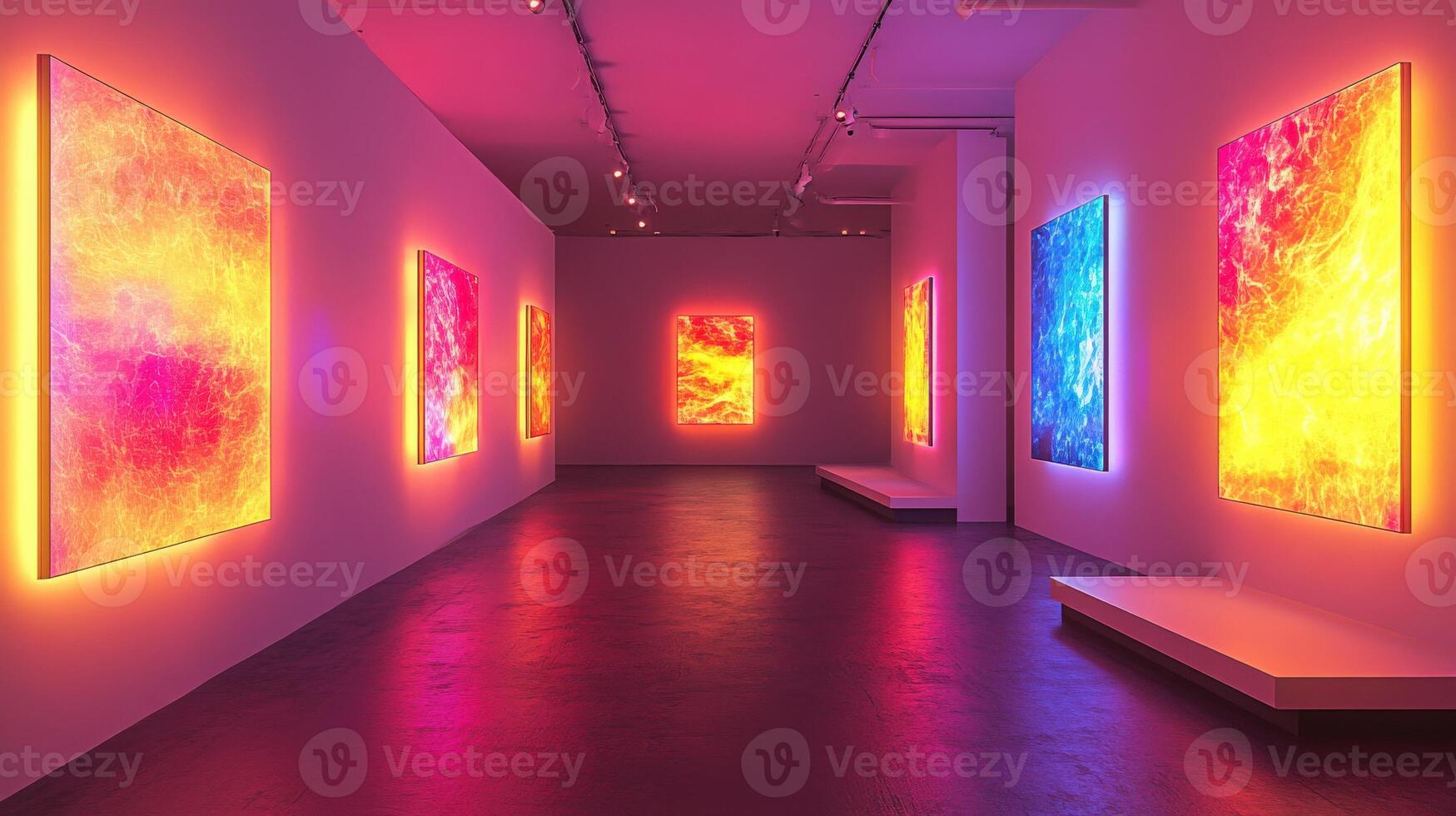 Bright abstract art installation in modern gallery setting photo