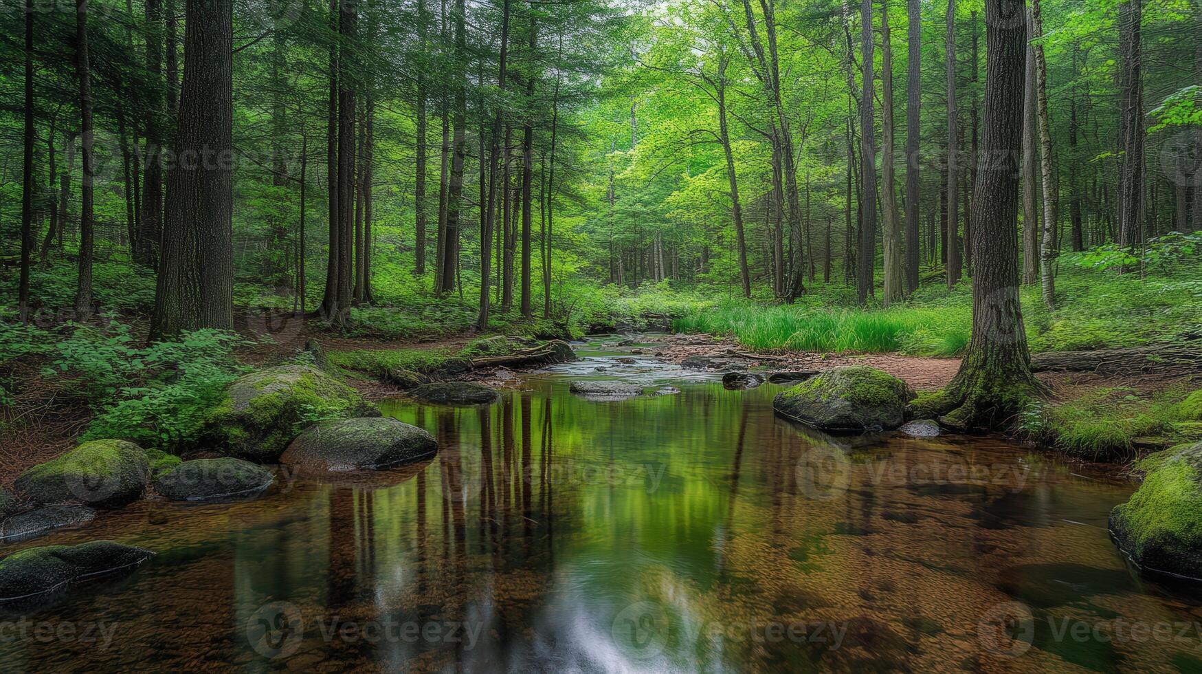 Serene forest landscape with a tranquil stream in spring photo
