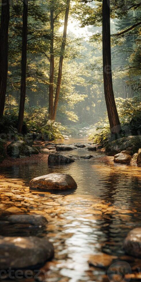 Serene forest stream with sunlight filtering through trees photo