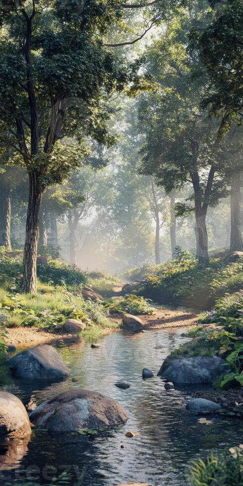 Serenity of a misty forest stream at dawn photo
