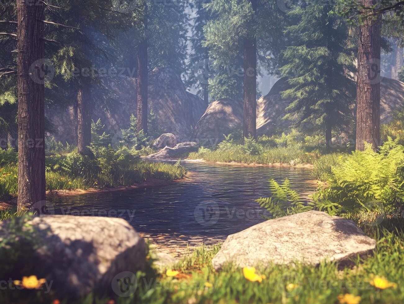 Peaceful forest scene with a calm pond surrounded by rocks photo