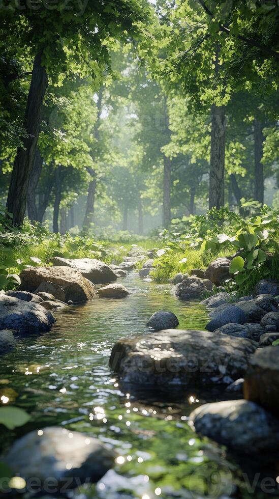 Peaceful stream flowing through a lush green forest photo