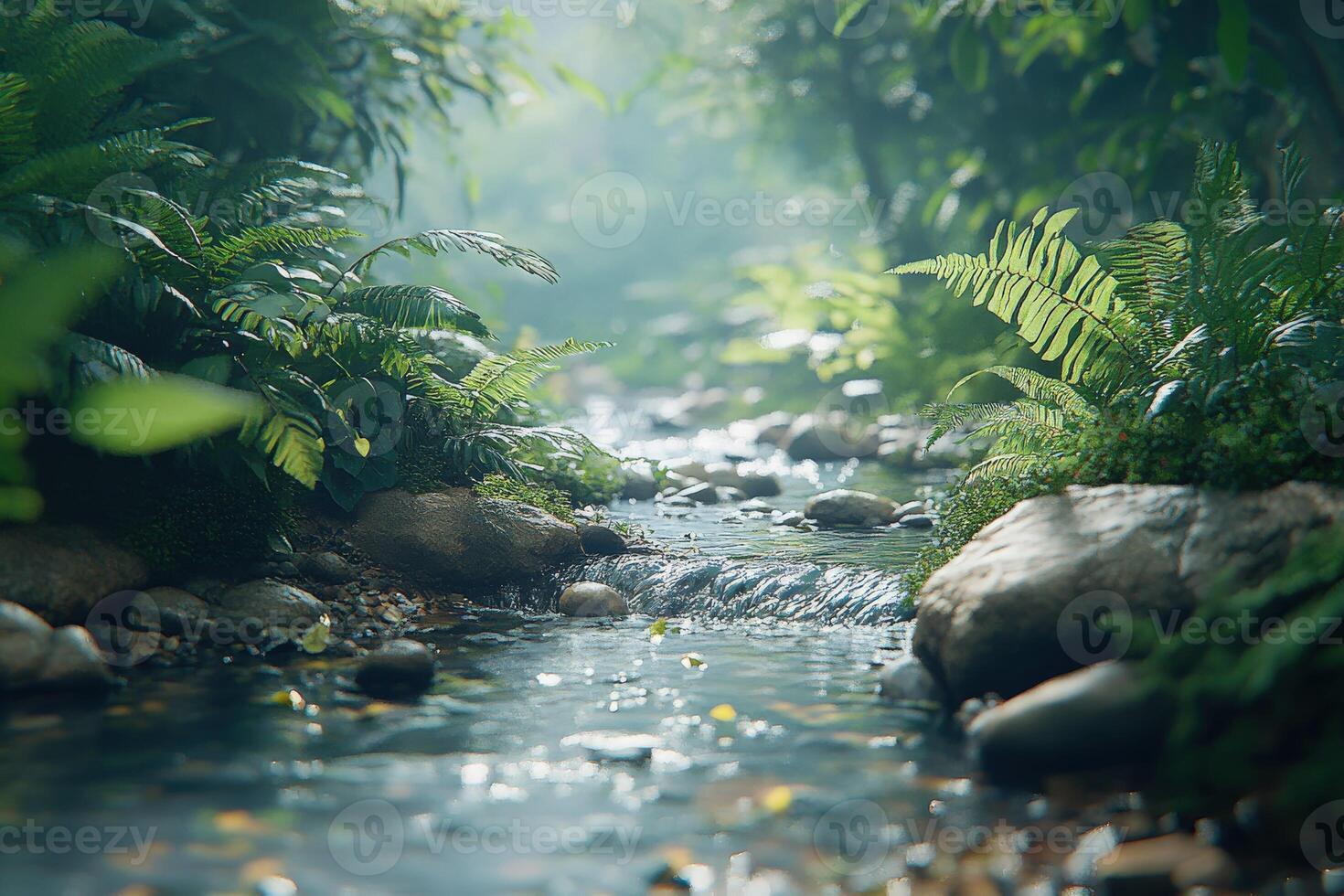 Calm stream flowing through a lush forest setting photo