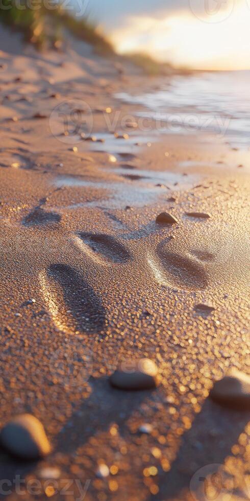 Footprints on a sandy beach at sunset glowing with colors photo