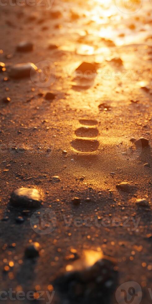 Footprints on sandy shore at sunset create a tranquil scene photo