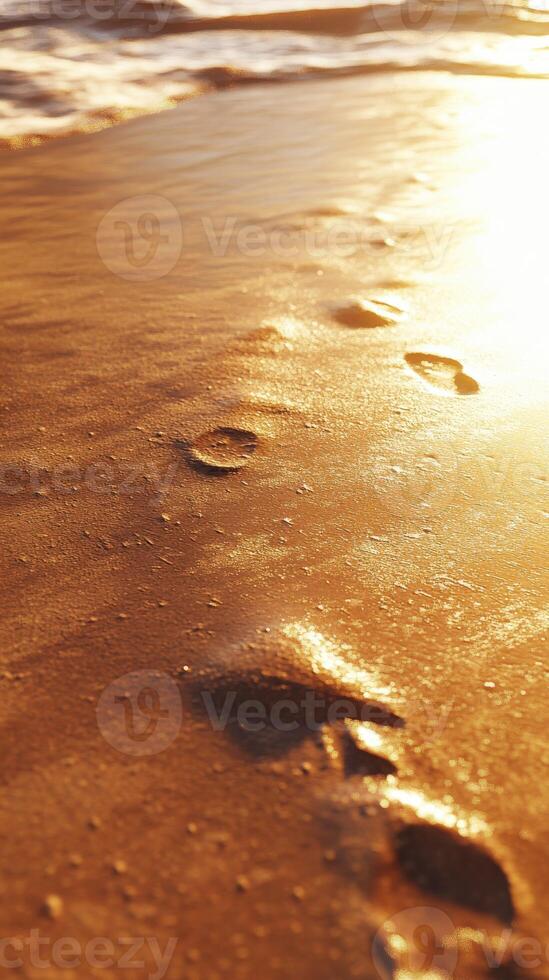 Footprints on a golden beach at sunset photo