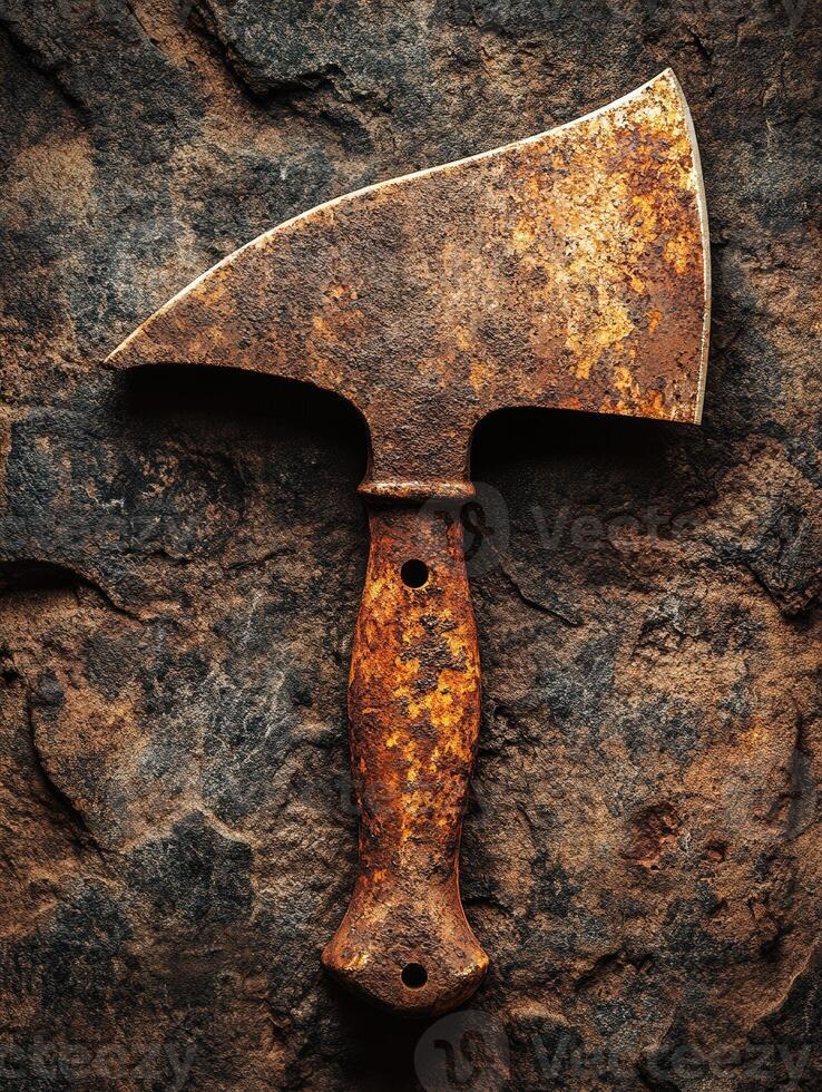 Vintage rusty hatchet resting on textured stone background photo