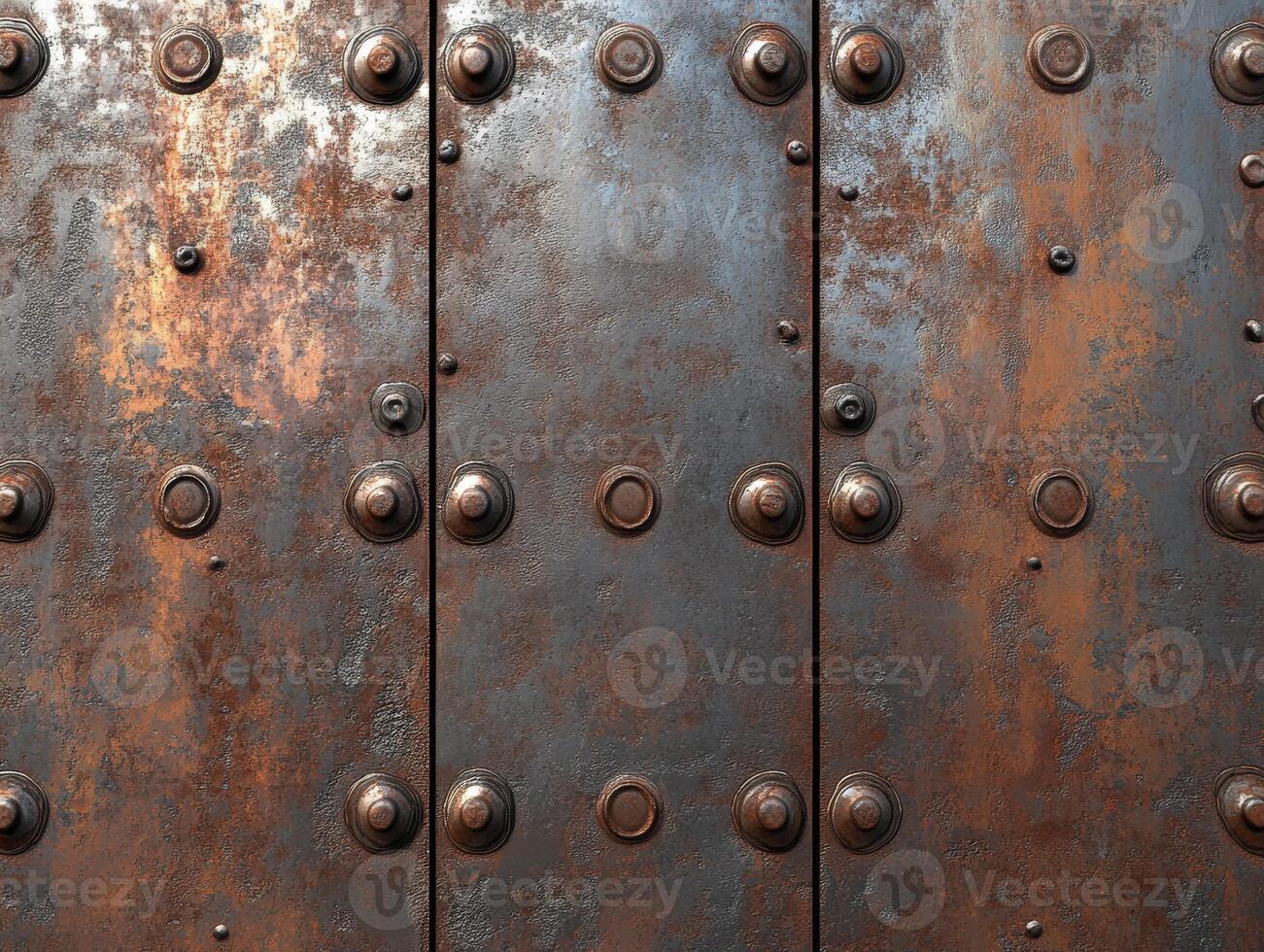 Close-up of rustic metal door with rivets and patina photo