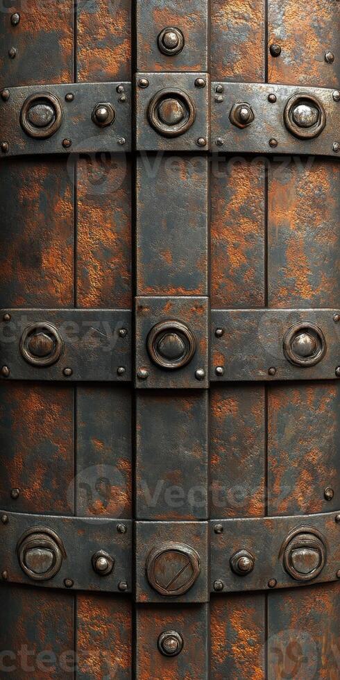 Rustic metal door with intricate design and weathered finish photo