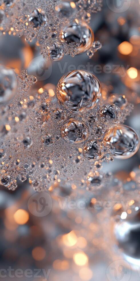Bubbles forming in sparkling liquid with warm light reflections photo