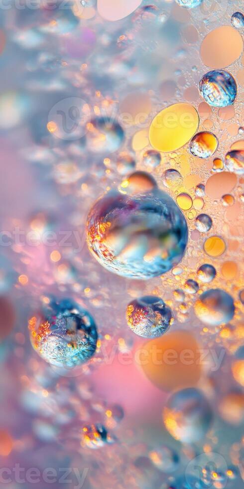 Water droplets on a surface with colorful bubbles photo