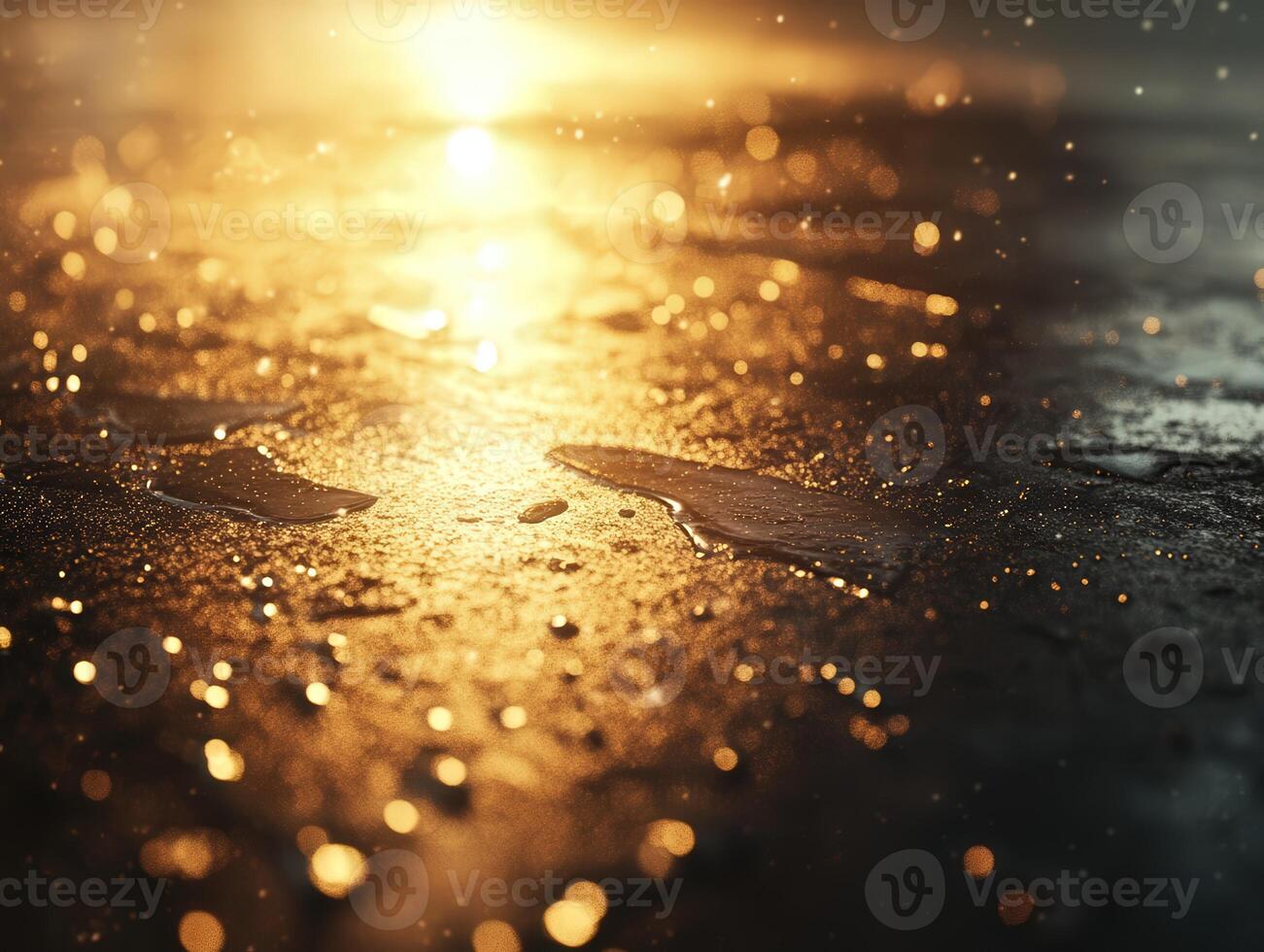 Golden reflections on wet ground after rain photo