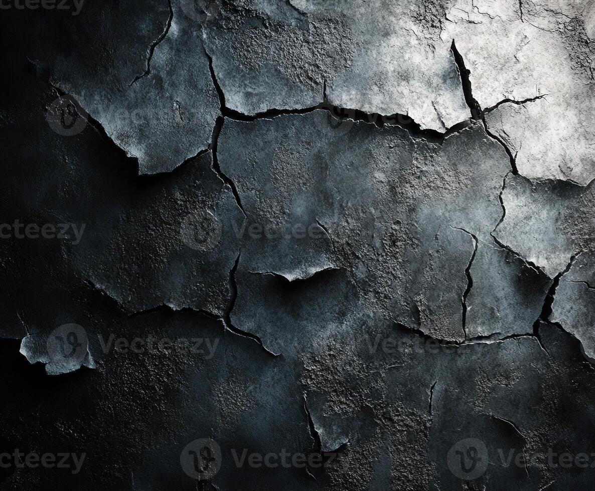 Dark textured wall with deep cracks and shadows photo