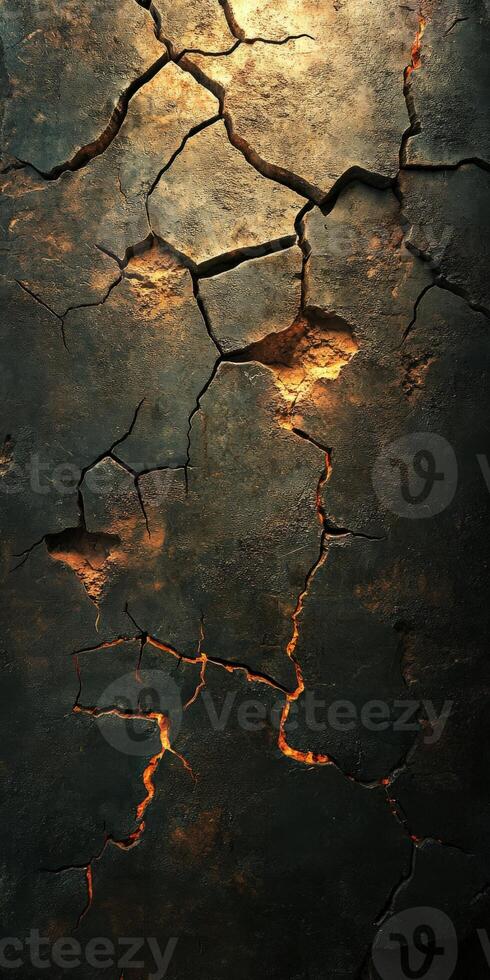 Cracked surface with glowing highlights in dark tones photo