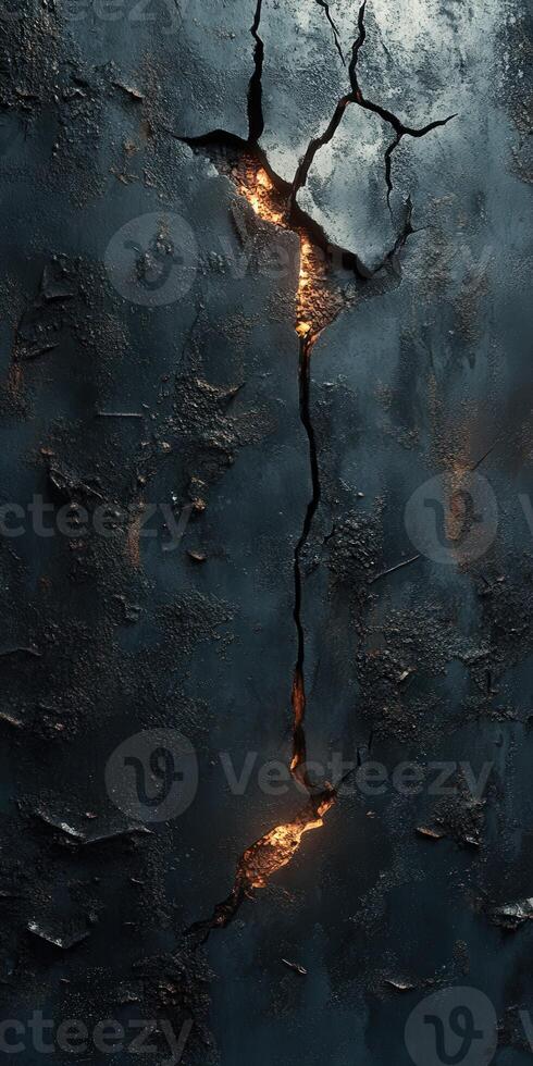 Crack in dark surface revealing glowing light at night photo