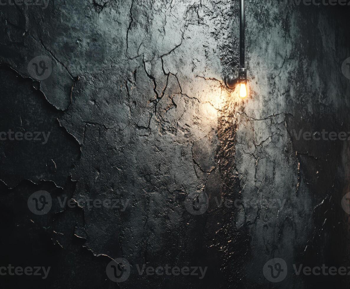 Unique cracked wall illuminated by a vintage light bulb photo