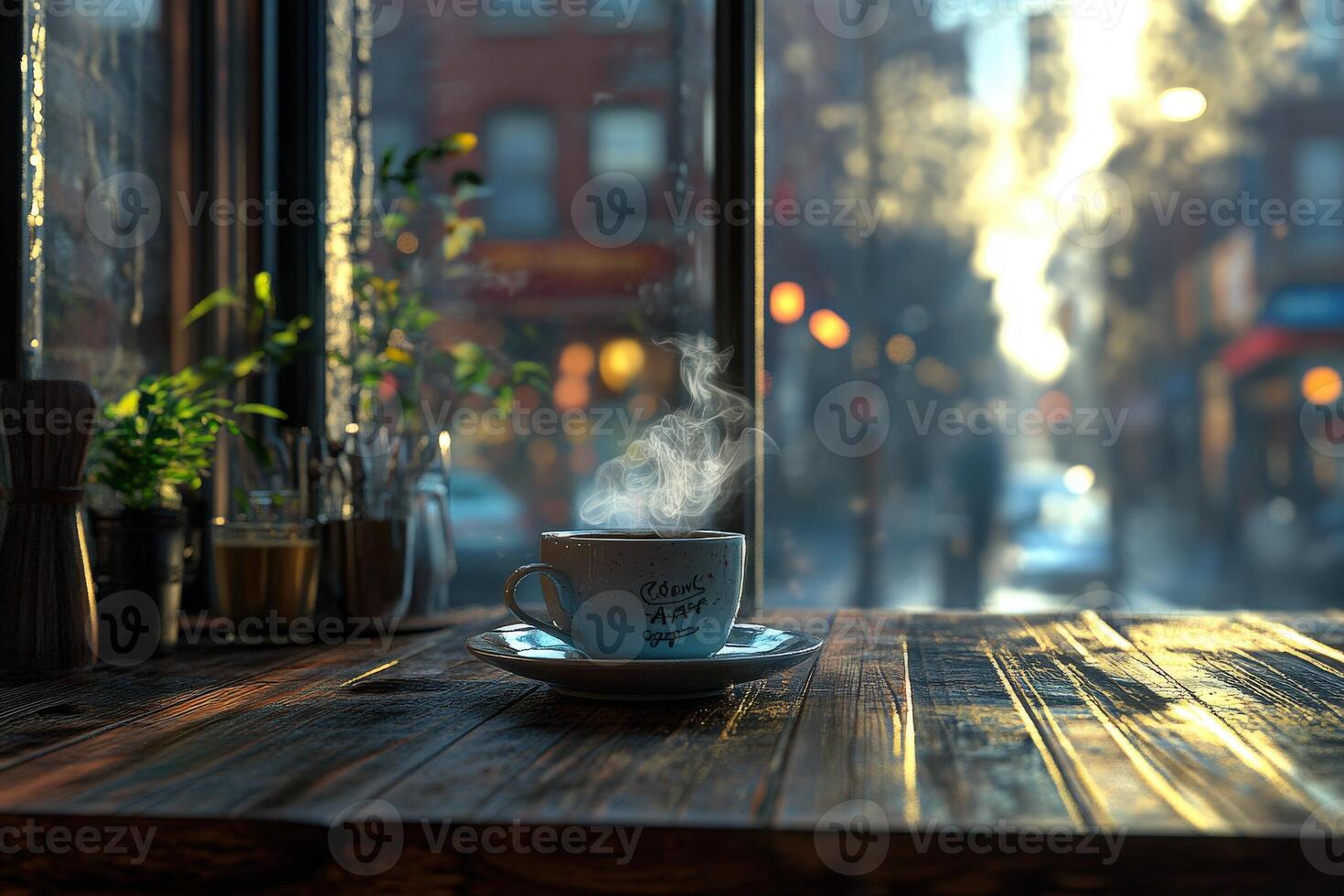 Warm cup of coffee in a cozy cafe during sunrise photo